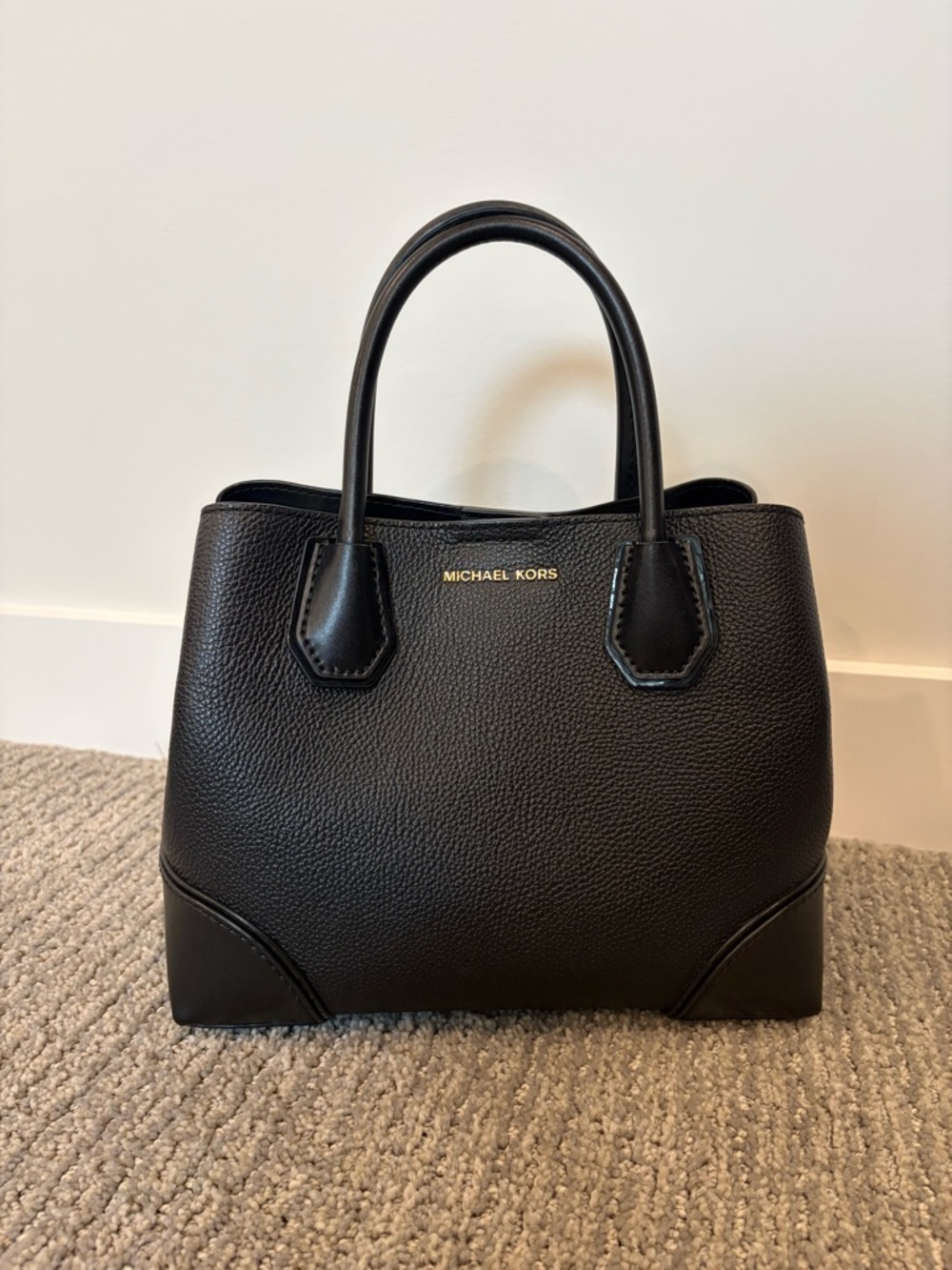 Michael Kors Black Pebbled Leather Mini Satchel with Gold Logo